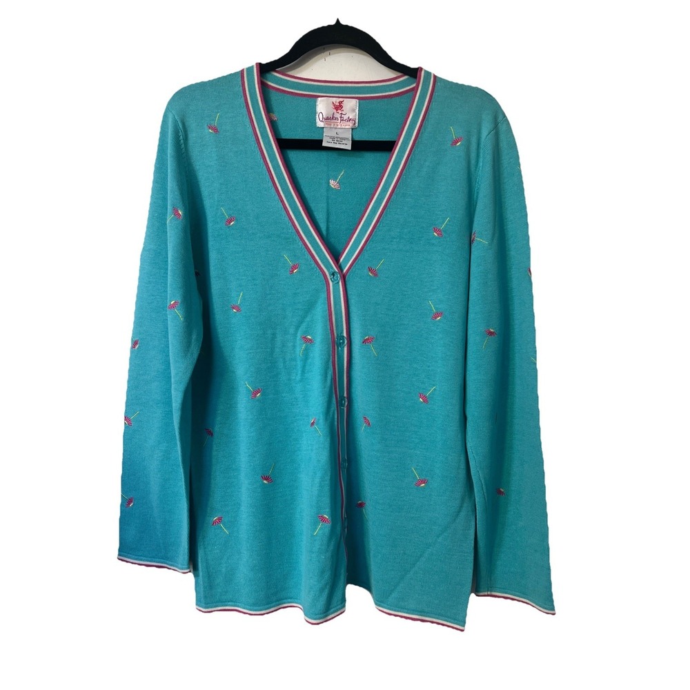 Quacker Factory Blue Pink Embroidered Floral Sweater Cardigan Large Silk Vintage